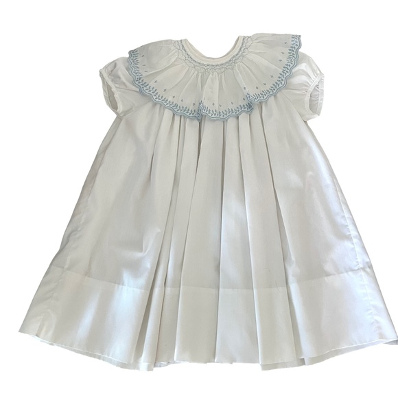 NWOT Monday's Child White with Blue Smocked Vintage Bishop Dress 6 - Picture 1 of 7